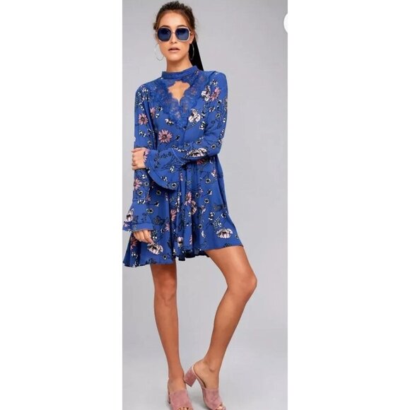 Lulus Women Long Lace Sleeve Floral Print Lace Detailed At the Top Mini Dress Bl - Picture 13 of 13